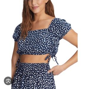 NWT Roxy Navy Blue Polka Dot Ruched Dear Amor Crop Top Size L